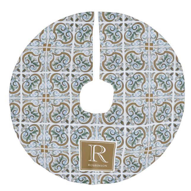 Intreget Italian Tile Pattern, Monogram  Faux Linen Tree Skirt (Front)