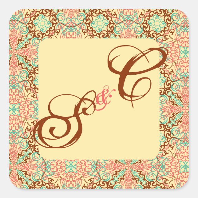 Intricate Arabesque, monogrammed souvenir Square Sticker (Front)