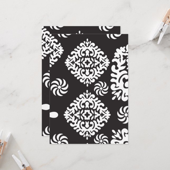 Intricate black and white pattern featuring floral invitation (Front/Back In Situ)