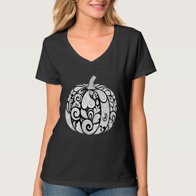Intricate Black and White Pumpkin Art – Halloween  T-Shirt (Front)