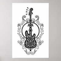 Intricate Black Bass Guitar Design on White