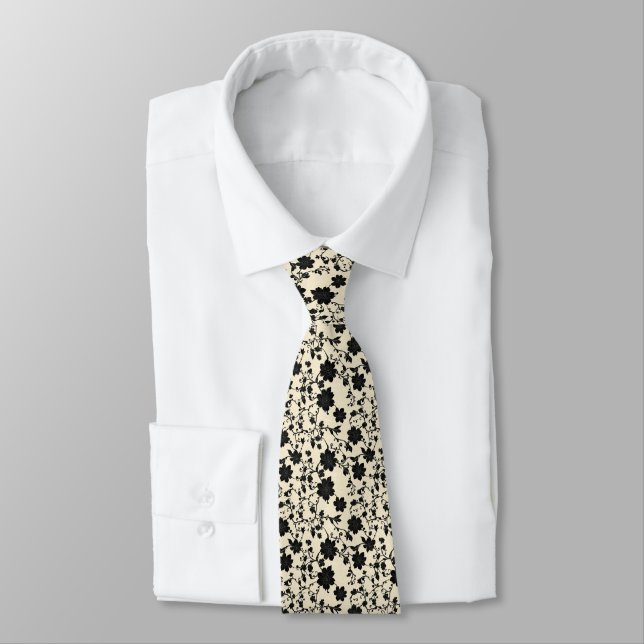 Intricate Black Floral Pattern Tie (Tied)