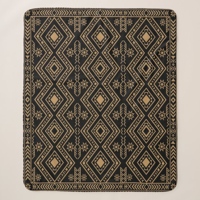 Intricate Black Gold Geometric Surface Pattern Sherpa Blanket (Front)