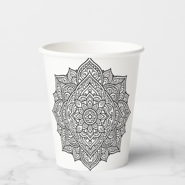 Intricate Black Line Mandala Art Paper Cups (Front)