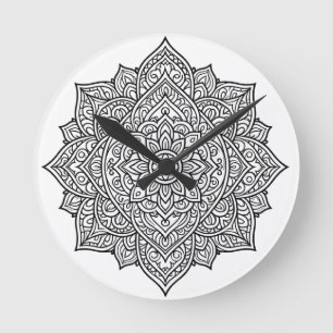Intricate Black Line Mandala Art Round Clock