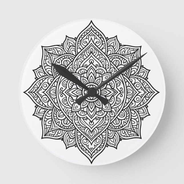 Intricate Black Line Mandala Art Round Clock (Front)