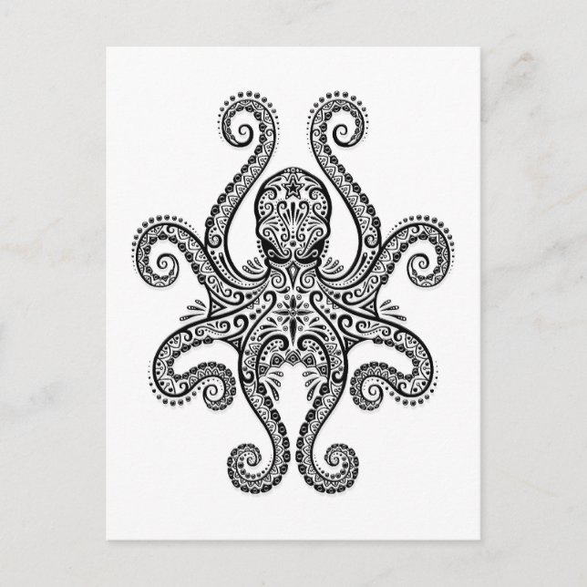 Intricate Black Octopus on White Postcard (Front)