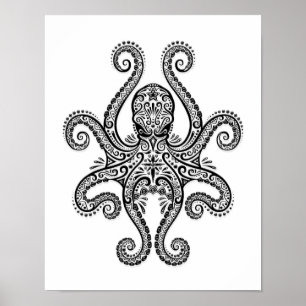 Intricate Black Octopus on White Poster