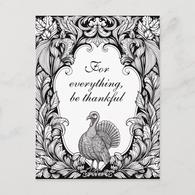 Intricate Black & White Thanksgiving Turkey Postcard (Front)