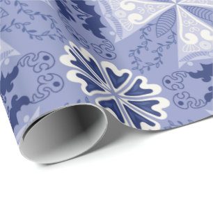 Intricate blue and white geometric pattern wrapping paper