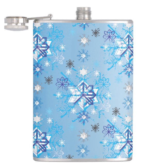 Intricate blue and white stars and snowflakes hip flask (Opened)
