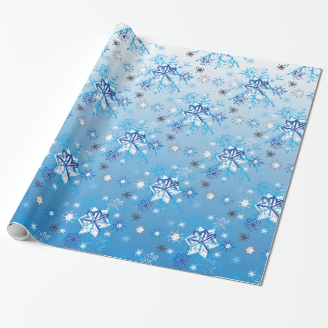 Intricate blue and white stars and snowflakes wrapping paper (Unrolled)