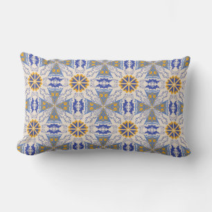 intricate blue and yellow geometric patterns lumbar cushion