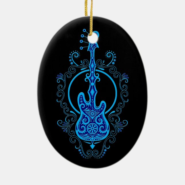 Intricate Blue Bass Guitar Design on Black Ceramic Tree Decoration (Back)