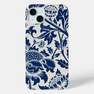Intricate blue floral pattern on light background iPhone 15 mini case