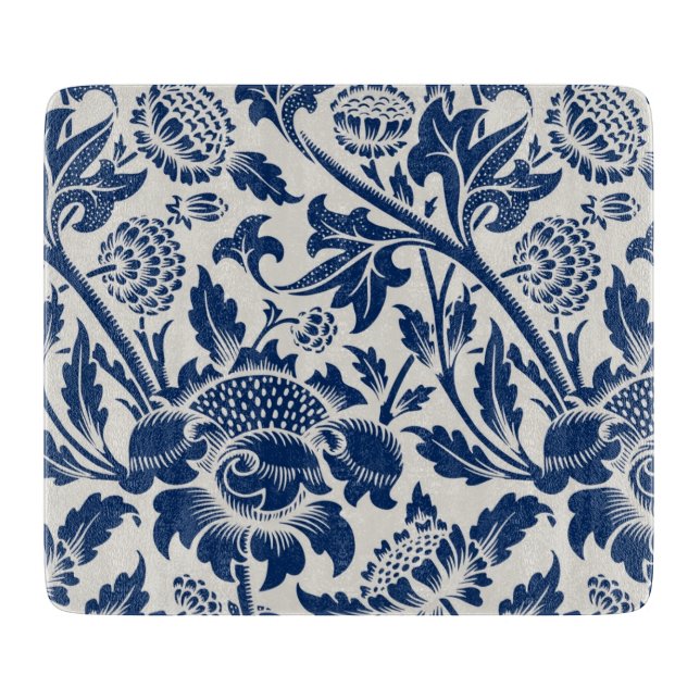 Intricate blue floral pattern on light background cutting board (Front)