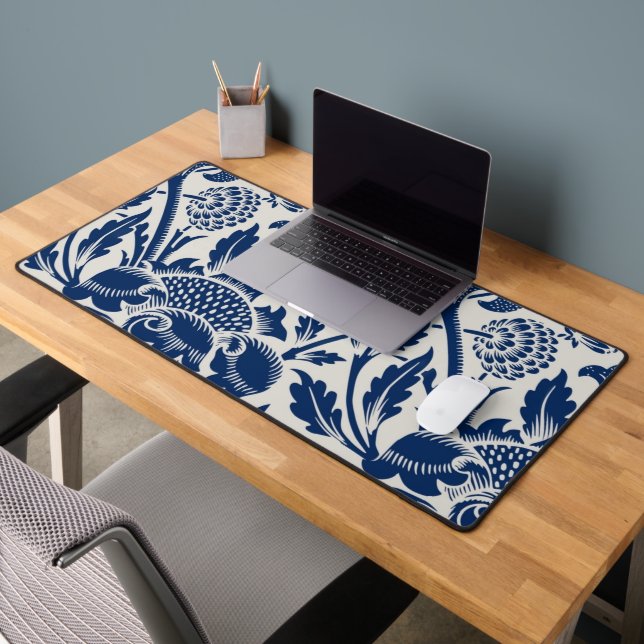 Intricate blue floral pattern on light background desk mat (Office 2)