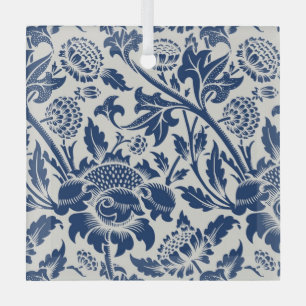 Intricate blue floral pattern on light background glass tree decoration