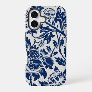 Intricate blue floral pattern on light background iPhone 16 case