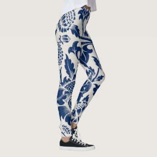 Intricate blue floral pattern on light background leggings