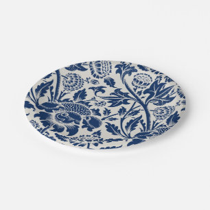 Intricate blue floral pattern on light background paper plate