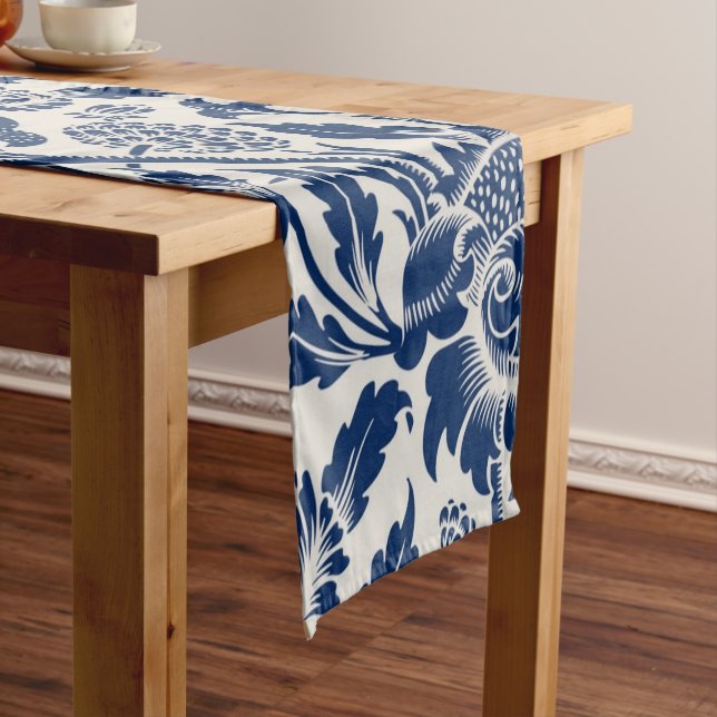 Intricate blue floral pattern on light background short table runner (In Situ)