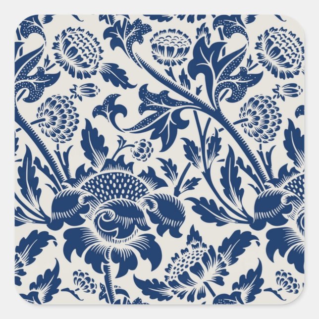 Intricate blue floral pattern on light background square sticker (Front)