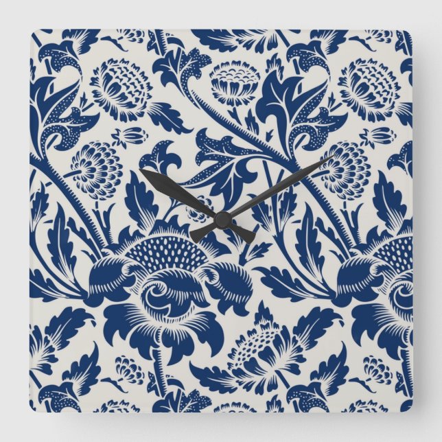 Intricate blue floral pattern on light background square wall clock (Front)