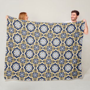 Intricate blue gold white arabesque tile Moroccan  Fleece Blanket