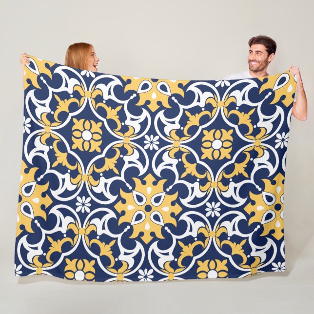 Intricate blue gold white Moroccan arabesque ogee Fleece Blanket (In Situ)