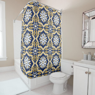 Intricate blue gold white Moroccan arabesque tile Shower Curtain