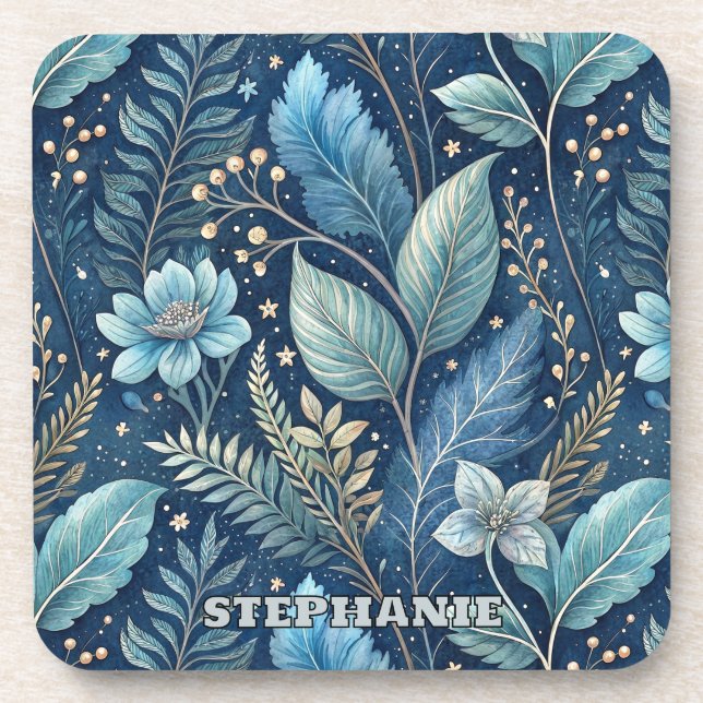 Intricate Blue & Green Botanical -Starry Dark Blue Coaster (Front)