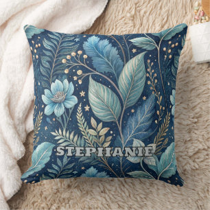 Intricate Blue & Green Botanical -Starry Dark Blue Cushion