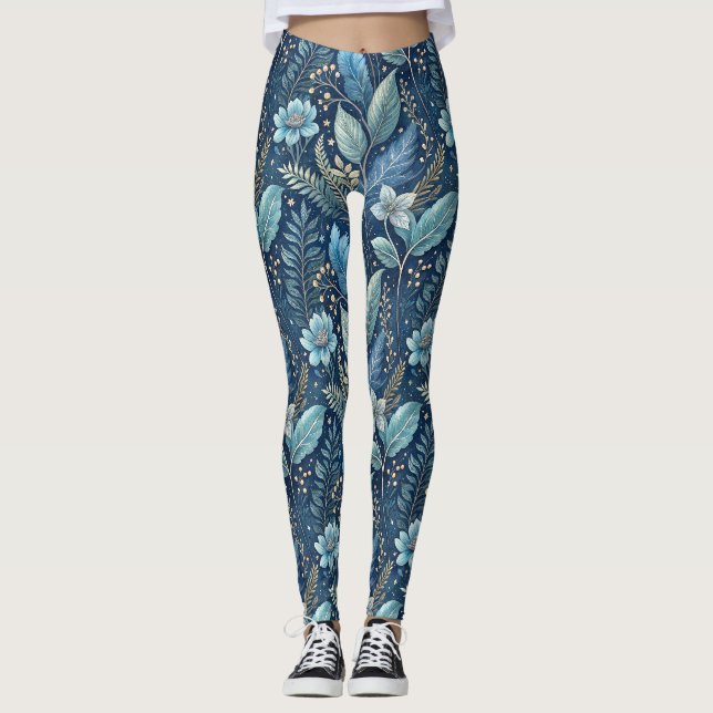 Intricate Blue & Green Botanical -Starry Dark Blue Leggings (Front)