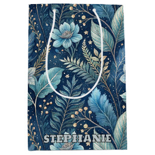 Intricate Blue & Green Botanical -Starry Dark Blue Medium Gift Bag