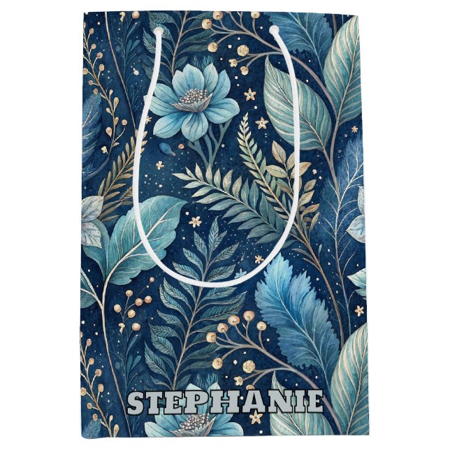 Intricate Blue & Green Botanical -Starry Dark Blue Medium Gift Bag (Front)