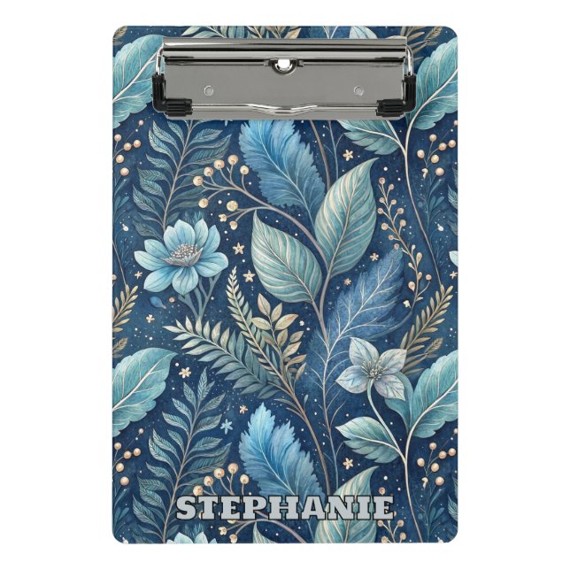 Intricate Blue & Green Botanical -Starry Dark Blue Mini Clipboard (Front)
