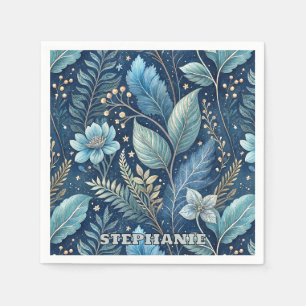 Intricate Blue & Green Botanical -Starry Dark Blue Napkin