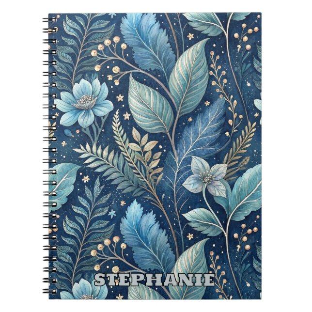 Intricate Blue & Green Botanical -Starry Dark Blue Notebook (Front)