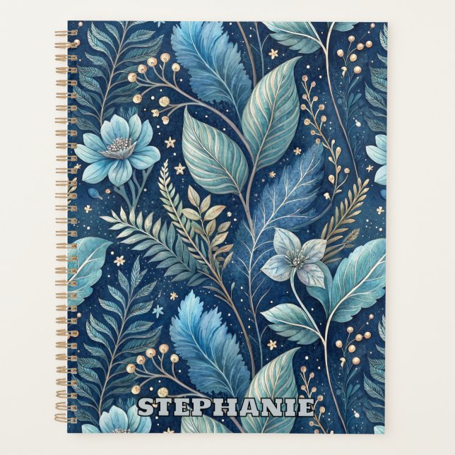 Intricate Blue & Green Botanical -Starry Dark Blue Planner (Front)