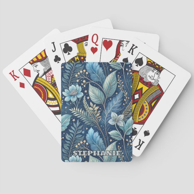 Intricate Blue & Green Botanical -Starry Dark Blue Playing Cards (Back)