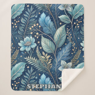 Intricate Blue & Green Botanical -Starry Dark Blue Sherpa Blanket