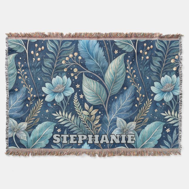 Intricate Blue & Green Botanical -Starry Dark Blue Throw Blanket (Front)