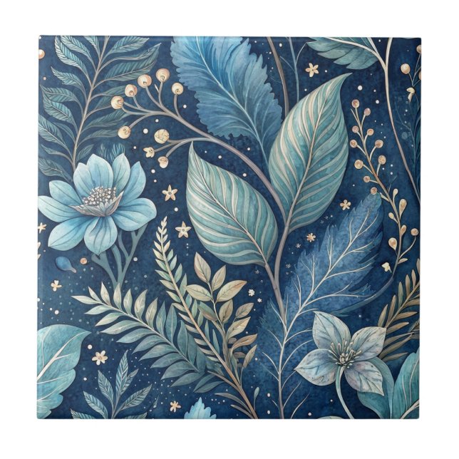 Intricate Blue & Green Botanical -Starry Dark Blue Tile (Front)