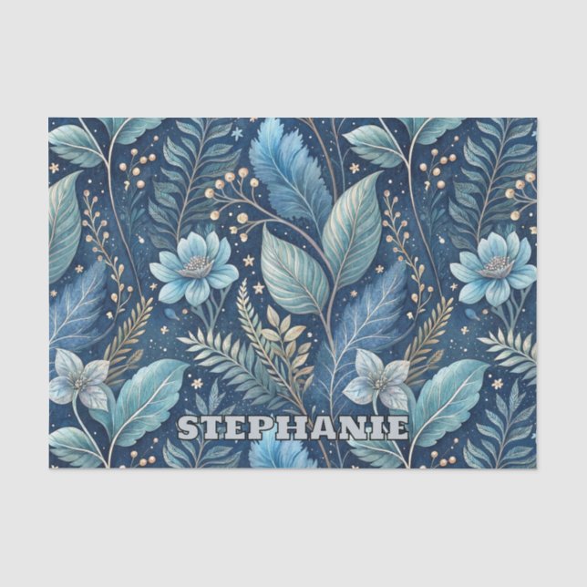 Intricate Blue & Green Botanical -Starry Dark Blue Tissue Paper (Front)