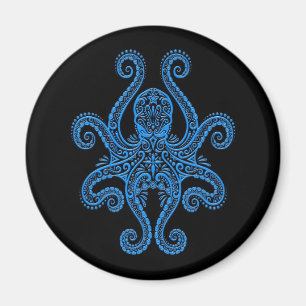 Intricate Blue Octopus on Black Magnet