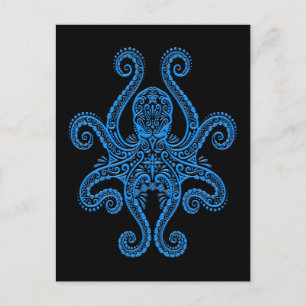 Intricate Blue Octopus on Black Postcard