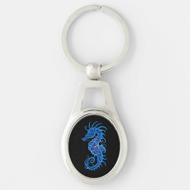 Intricate Blue Seahorse Design on Black Key Ring (Front)