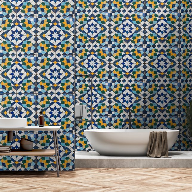Intricate Blue Tile Pattern Wallpaper (Bathroom)