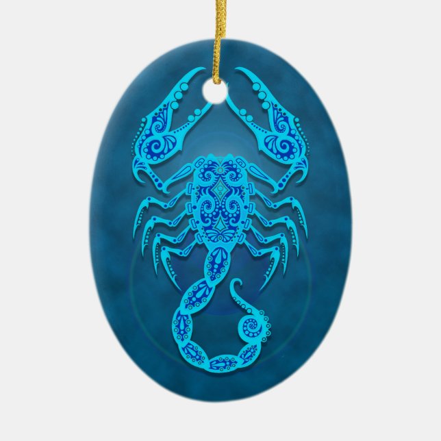 Intricate Blue Tribal Scorpio Ceramic Tree Decoration (Front)